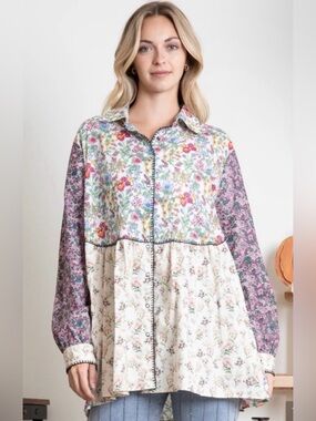 NWT Blue Velvet Multi-Print Floral Button-Up Blouse